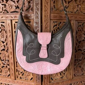 American West vintage tooled Leather Shoulder Bag - Pink and brown Floral